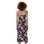 Tropical Palm And Hawaiian Fruits Print Slim Fit Midi Cami Dress