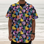 Tropical Palm And Hawaiian Fruits Print Textured Short Sleeve Shirt