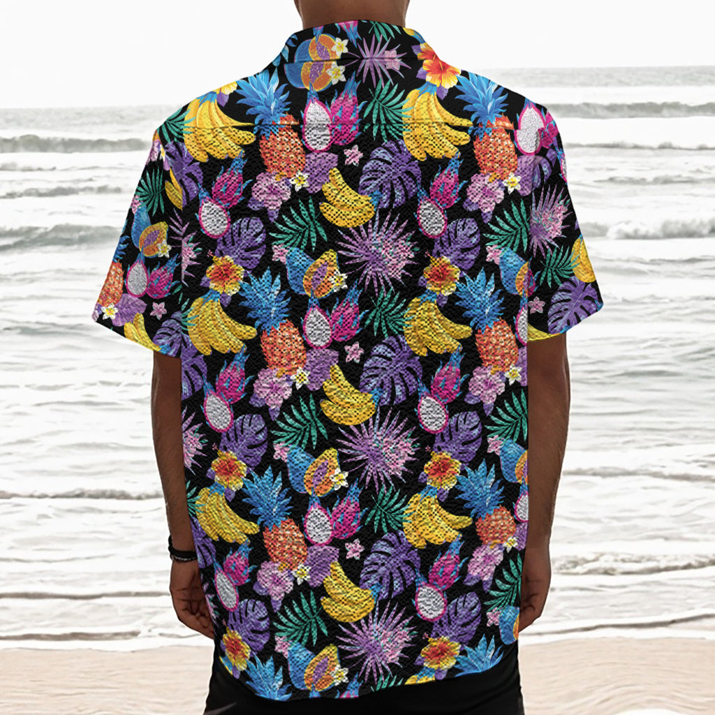 Tropical Palm And Hawaiian Fruits Print Textured Short Sleeve Shirt