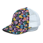 Tropical Palm And Hawaiian Fruits Print White Mesh Trucker Cap