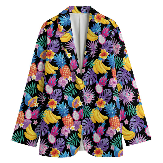 Tropical Palm And Hawaiian Fruits Print Women's Cotton Blazer