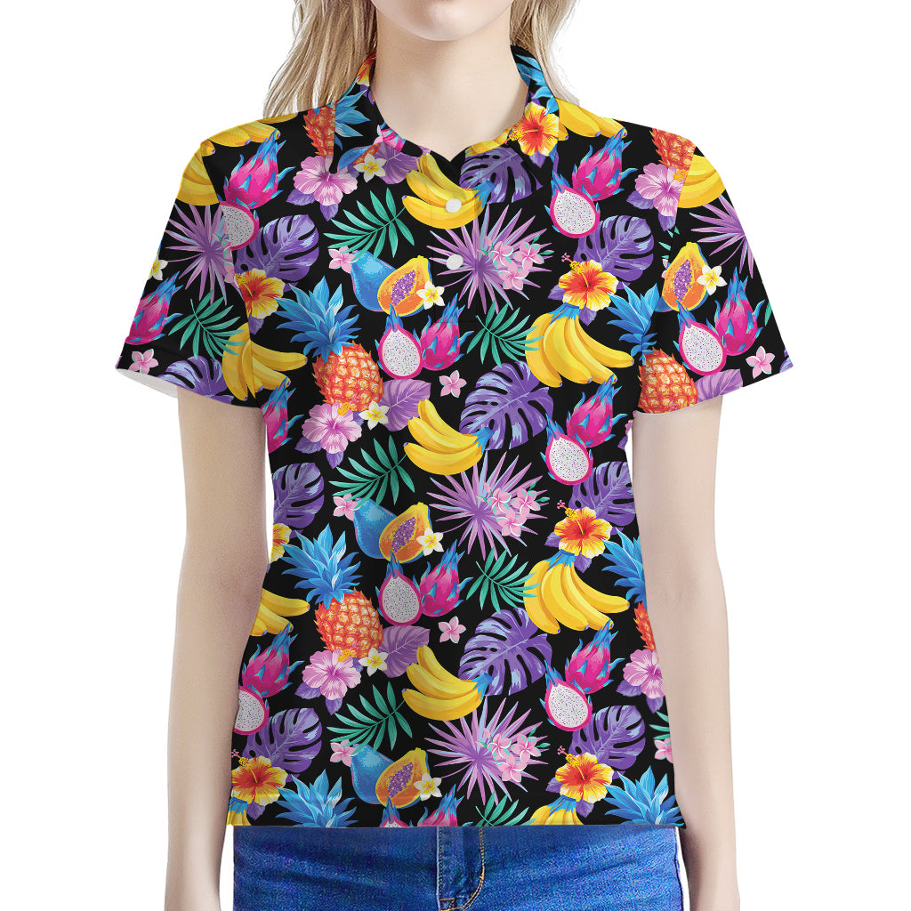 Tropical Palm And Hawaiian Fruits Print Women's Polo Shirt