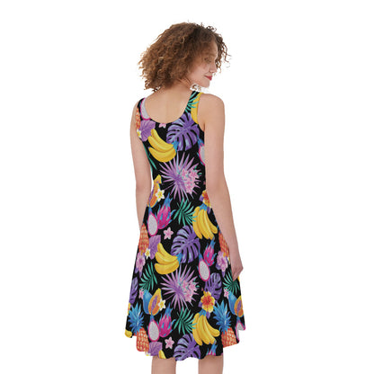 Tropical Palm And Hawaiian Fruits Print Women's Sleeveless Dress