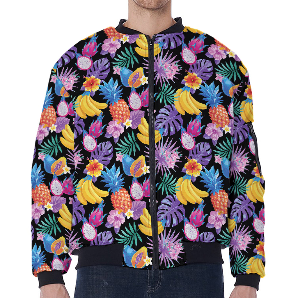Tropical Palm And Hawaiian Fruits Print Zip Sleeve Bomber Jacket