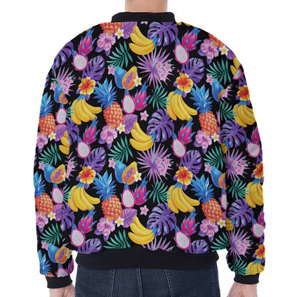 Tropical Palm And Hawaiian Fruits Print Zip Sleeve Bomber Jacket