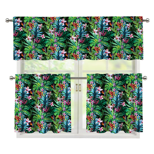 Tropical Palm And Hibiscus Print 3 Piece Kitchen Curtains