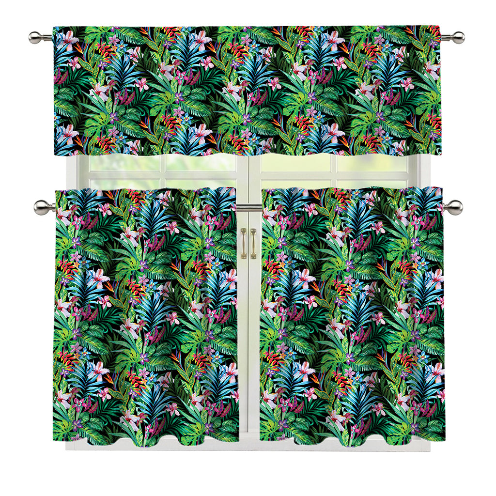 Tropical Palm And Hibiscus Print 3 Piece Kitchen Curtains