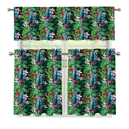 Tropical Palm And Hibiscus Print 3 Piece Kitchen Curtains