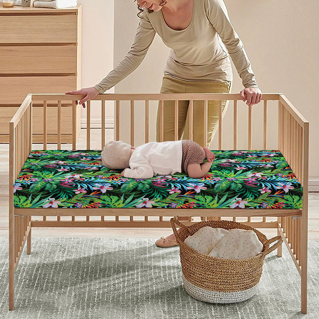 Tropical Palm And Hibiscus Print Baby Crib Sheet