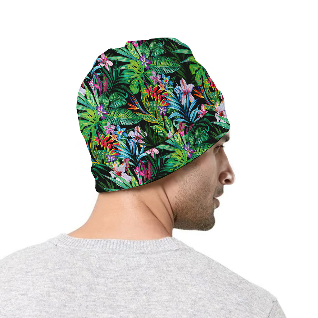 Tropical Palm And Hibiscus Print Beanie