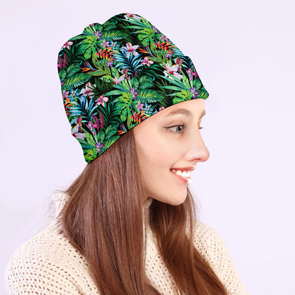 Tropical Palm And Hibiscus Print Beanie