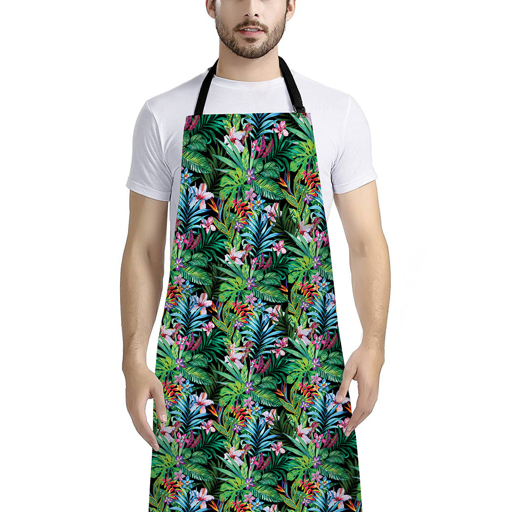 Tropical Palm And Hibiscus Print Bib Apron With Pocket