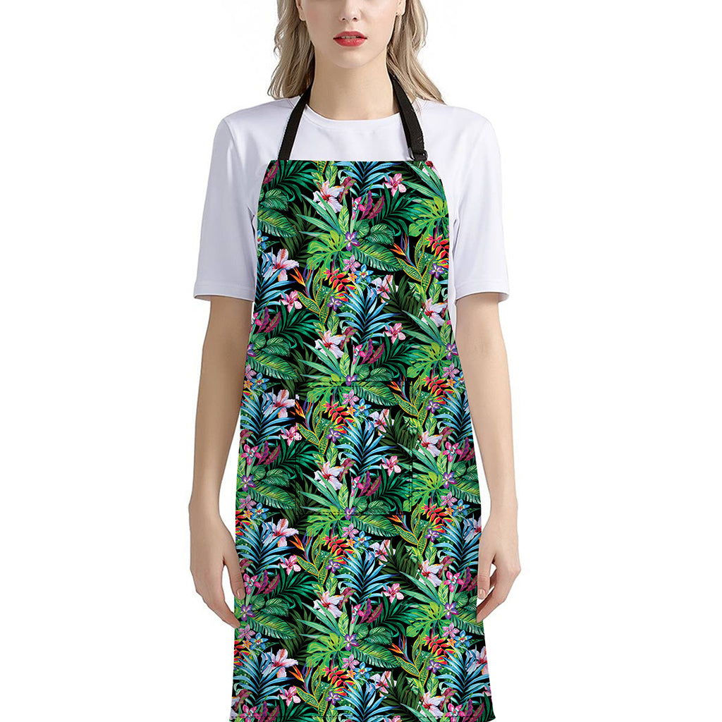 Tropical Palm And Hibiscus Print Bib Apron With Pocket