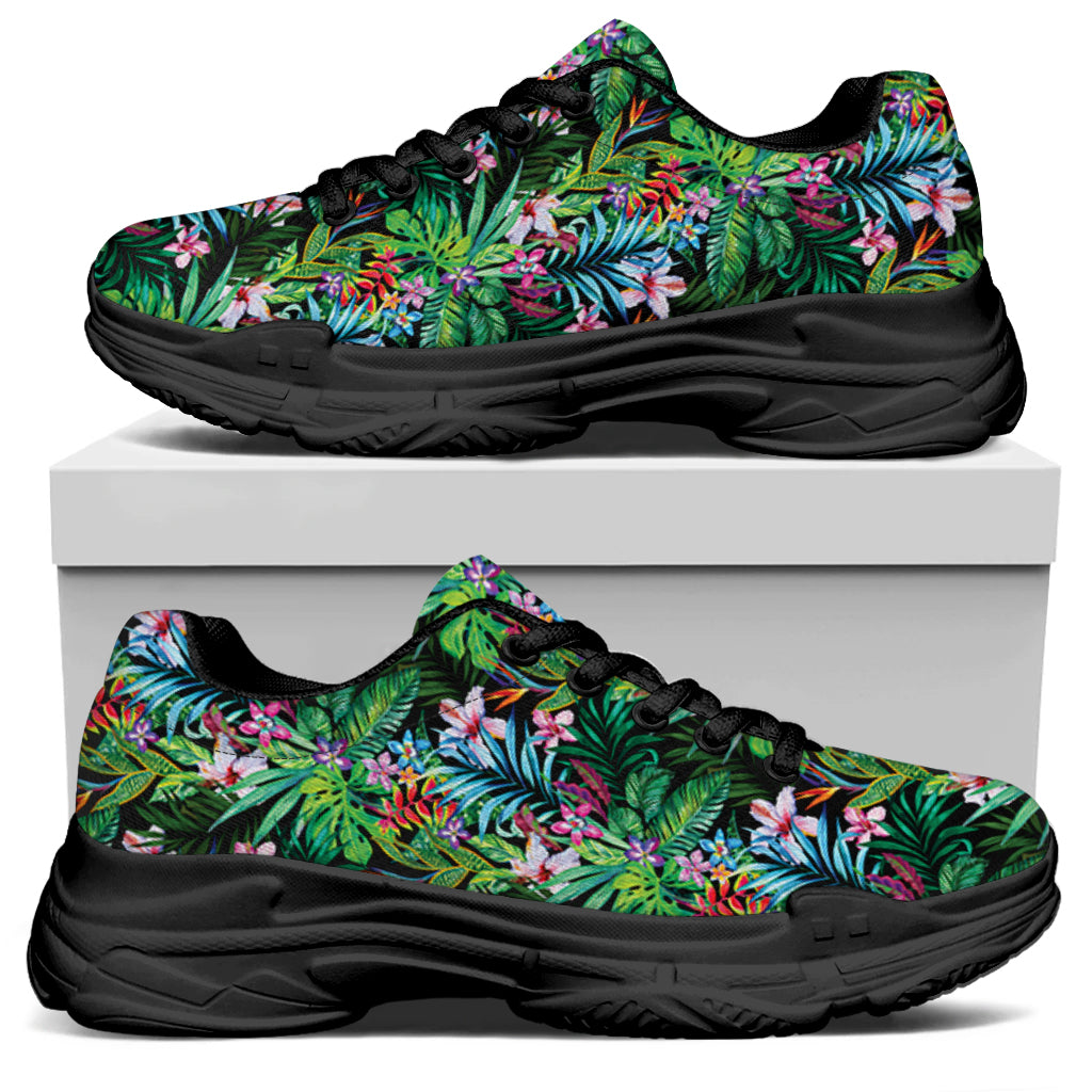 Tropical Palm And Hibiscus Print Black Chunky Shoes