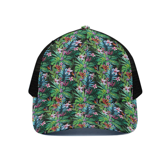 Tropical Palm And Hibiscus Print Black Mesh Trucker Cap