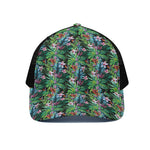 Tropical Palm And Hibiscus Print Black Mesh Trucker Cap