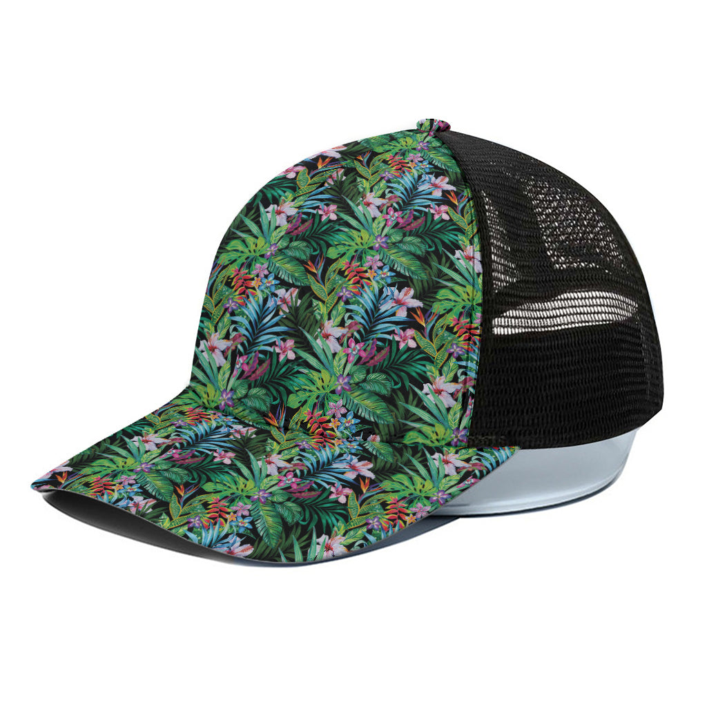 Tropical Palm And Hibiscus Print Black Mesh Trucker Cap