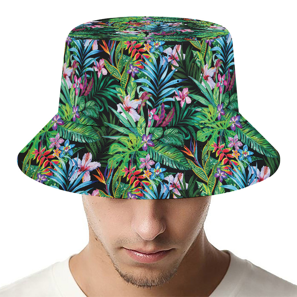 Tropical Palm And Hibiscus Print Bucket Hat