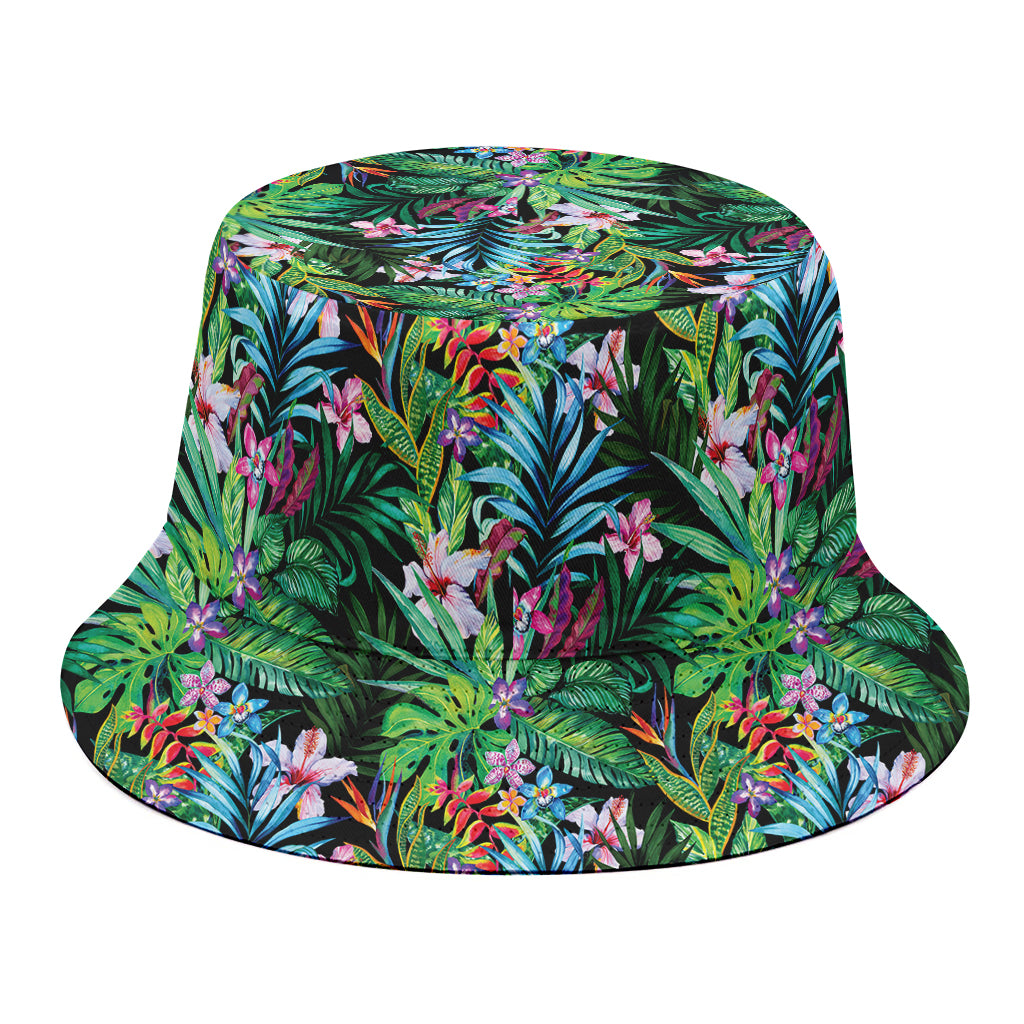 Tropical Palm And Hibiscus Print Bucket Hat