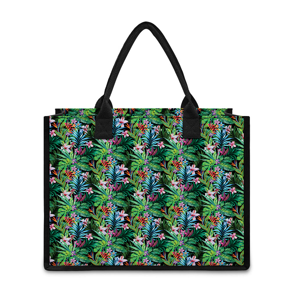 Tropical Palm And Hibiscus Print Canvas Tote Bag