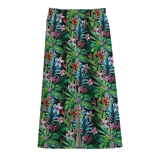 Tropical Palm And Hibiscus Print Cotton Front Slit Maxi Skirt