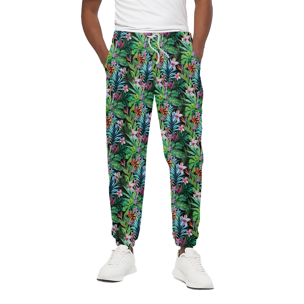 Tropical Palm And Hibiscus Print Cotton Pants