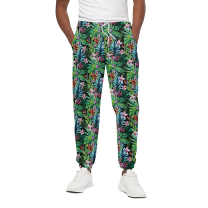 Tropical Palm And Hibiscus Print Cotton Pants