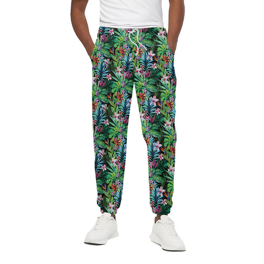 Tropical Palm And Hibiscus Print Cotton Pants