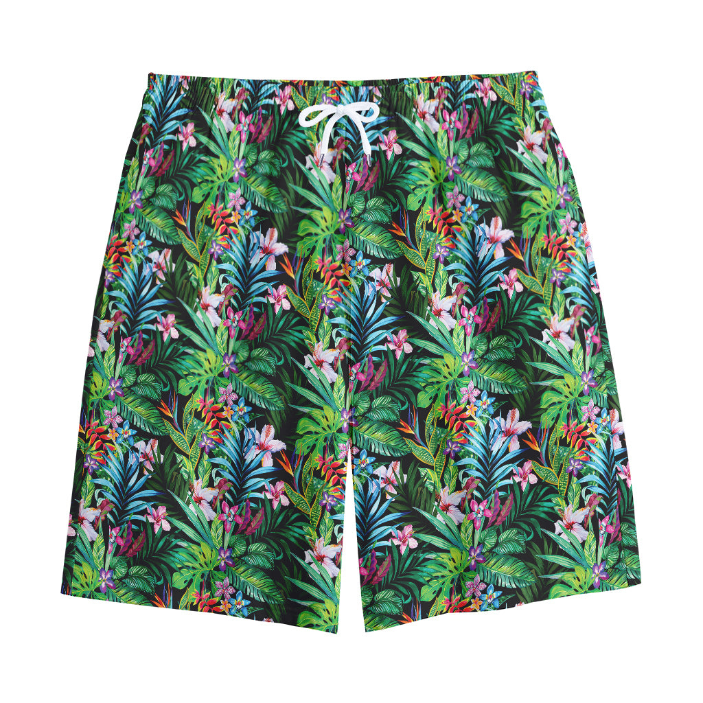 Tropical Palm And Hibiscus Print Cotton Shorts