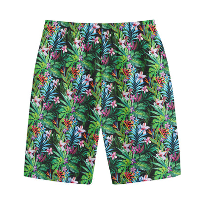 Tropical Palm And Hibiscus Print Cotton Shorts