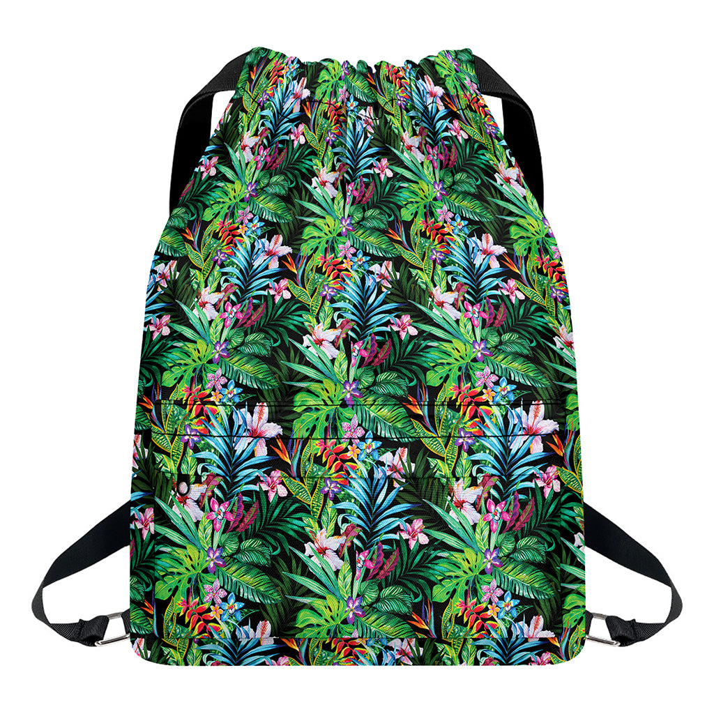 Tropical Palm And Hibiscus Print Drawstring Backpack