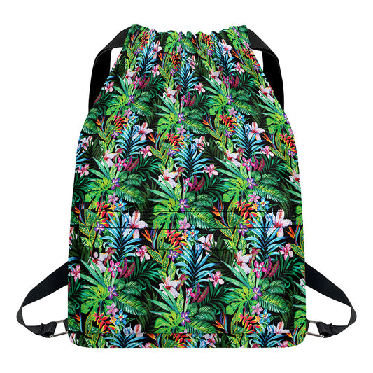 Tropical Palm And Hibiscus Print Drawstring Backpack