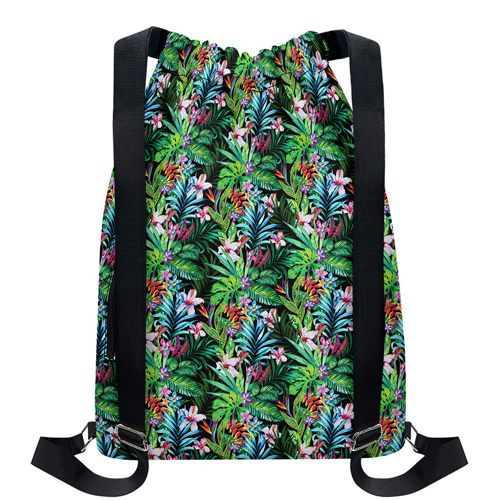 Tropical Palm And Hibiscus Print Drawstring Backpack