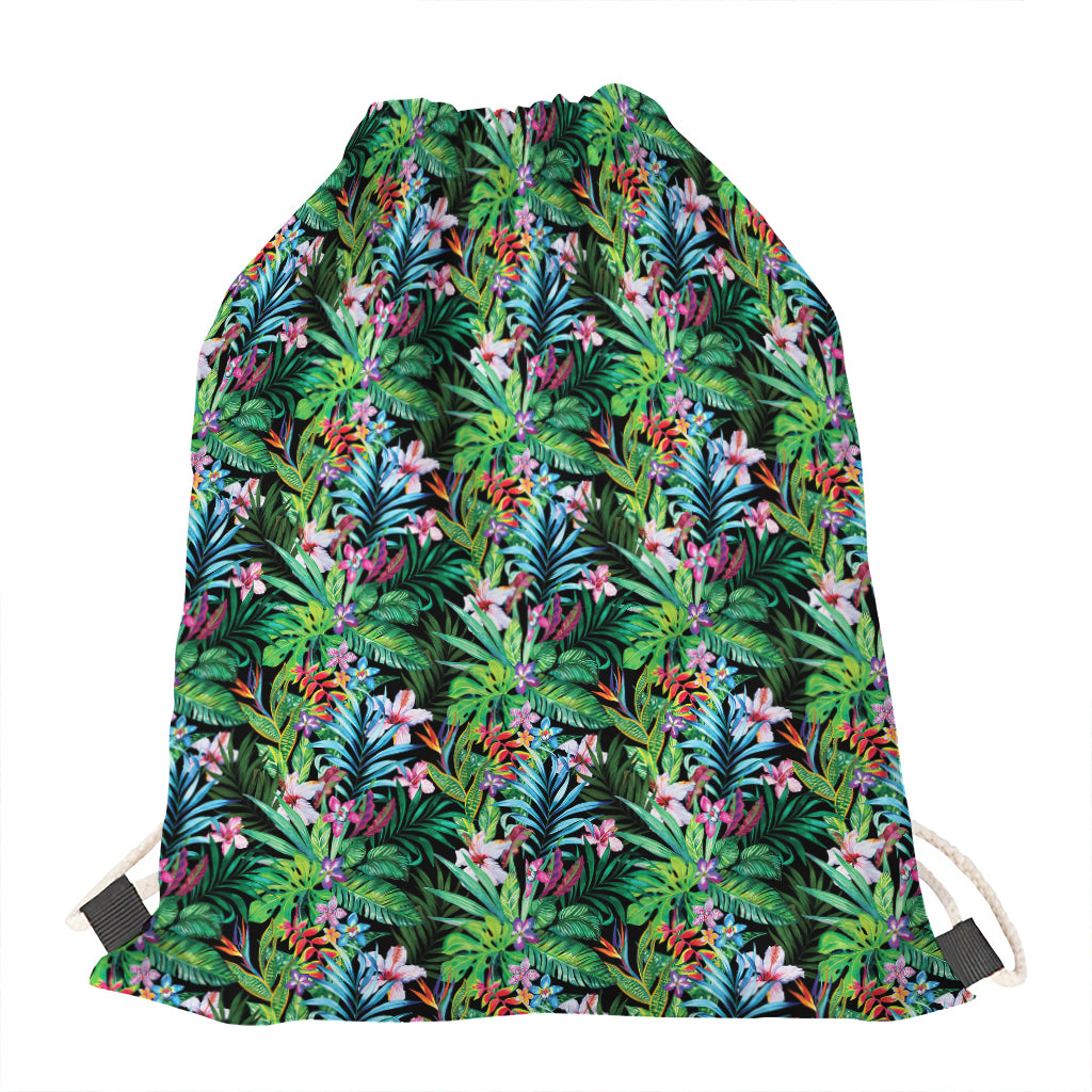 Tropical Palm And Hibiscus Print Drawstring Bag