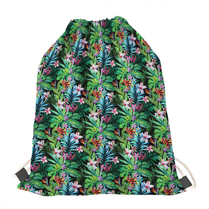 Tropical Palm And Hibiscus Print Drawstring Bag