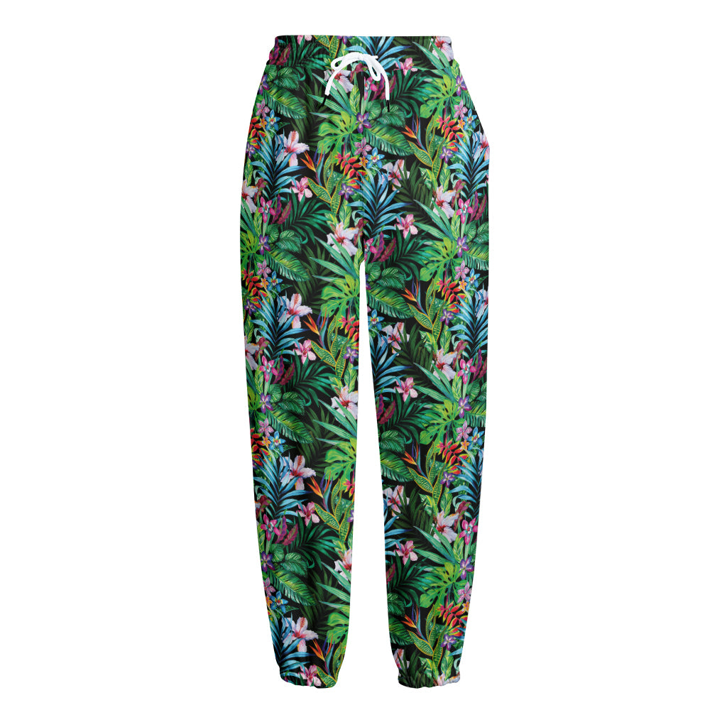 Tropical Palm And Hibiscus Print Fleece Lined Knit Pants