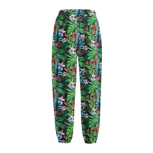 Tropical Palm And Hibiscus Print Fleece Lined Knit Pants