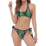 Tropical Palm And Hibiscus Print Halter Scoop Tie Side Bikini