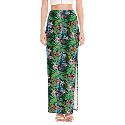 Tropical Palm And Hibiscus Print High Slit Maxi Skirt