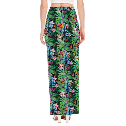 Tropical Palm And Hibiscus Print High Slit Maxi Skirt