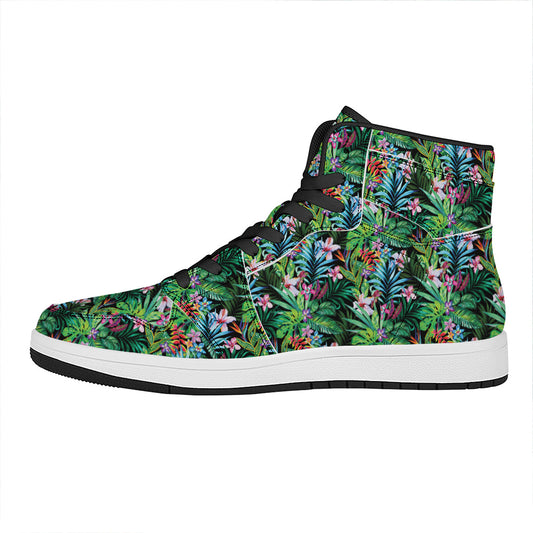 Tropical Palm And Hibiscus Print High Top Leather Sneakers
