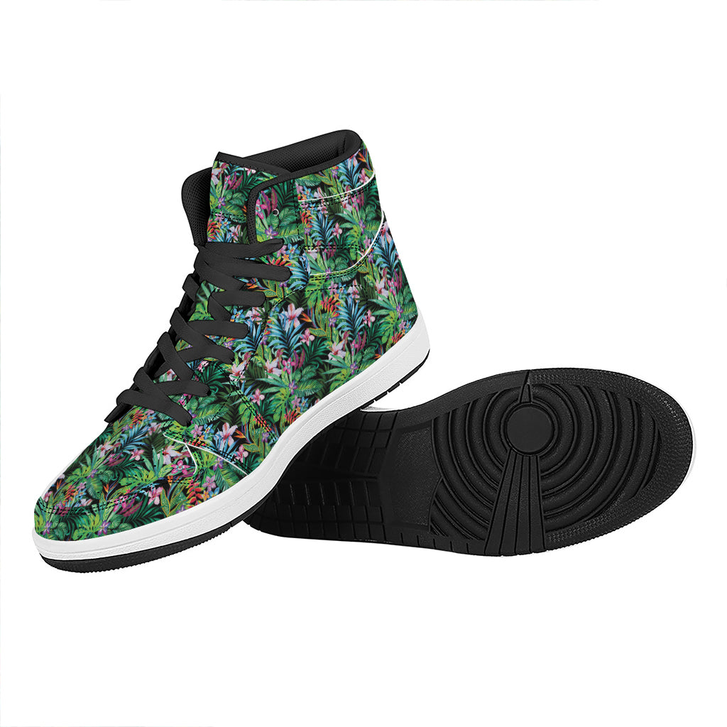 Tropical Palm And Hibiscus Print High Top Leather Sneakers