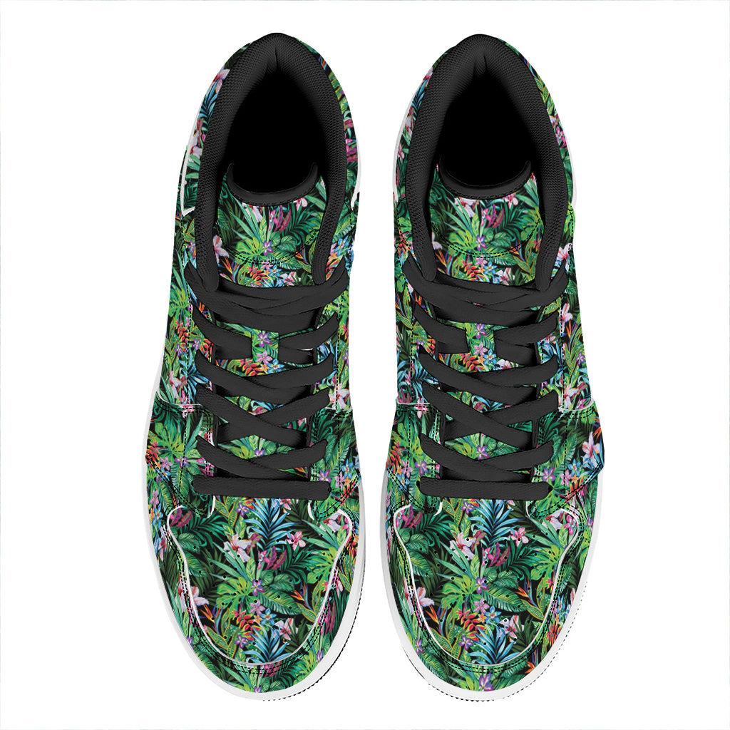 Tropical Palm And Hibiscus Print High Top Leather Sneakers