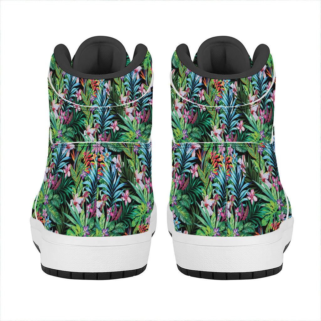 Tropical Palm And Hibiscus Print High Top Leather Sneakers