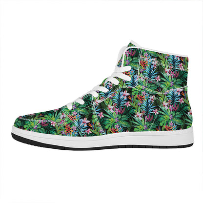 Tropical Palm And Hibiscus Print High Top Leather Sneakers