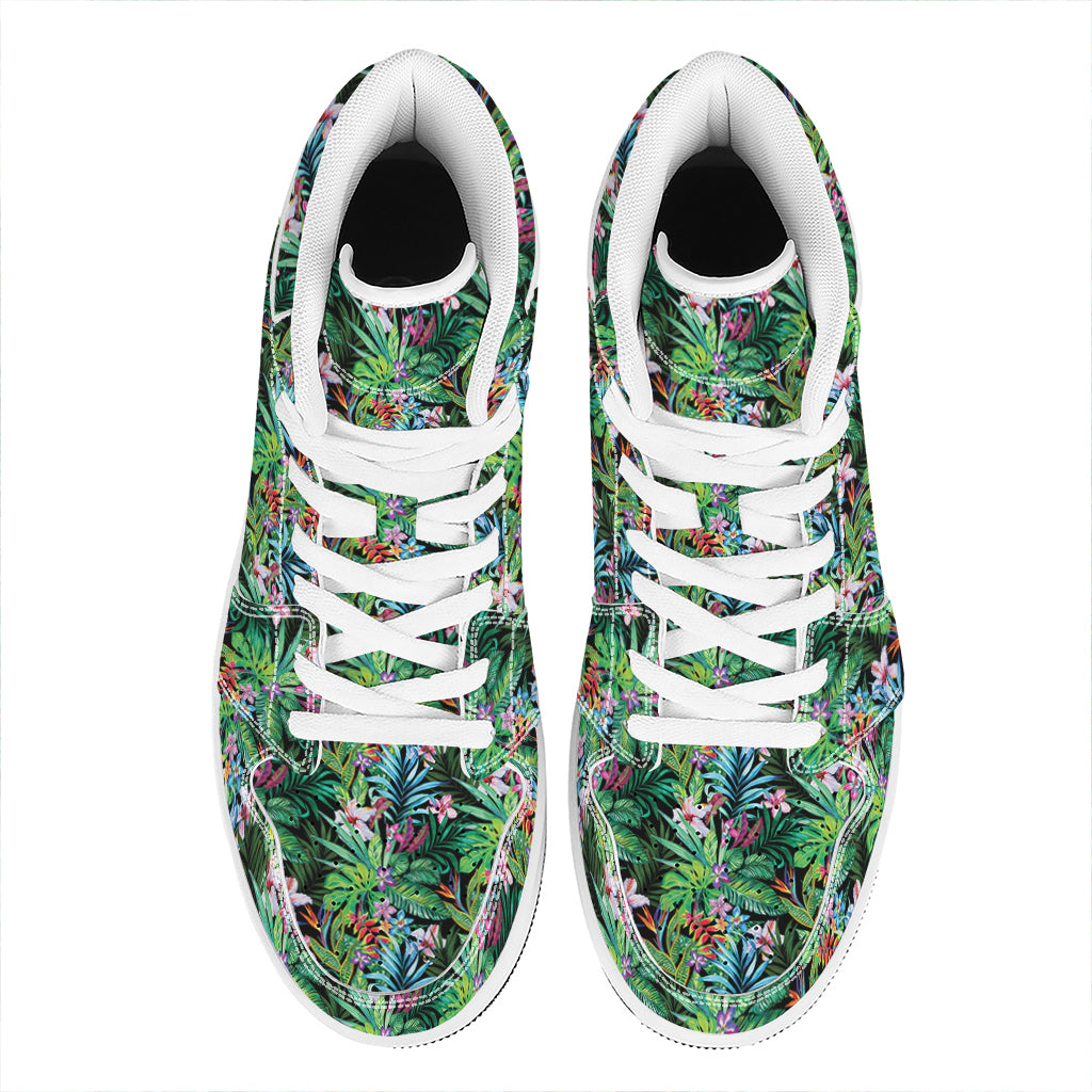 Tropical Palm And Hibiscus Print High Top Leather Sneakers