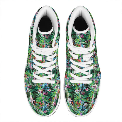 Tropical Palm And Hibiscus Print High Top Leather Sneakers