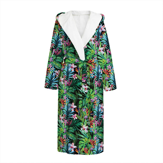 Tropical Palm And Hibiscus Print Hooded Bathrobe