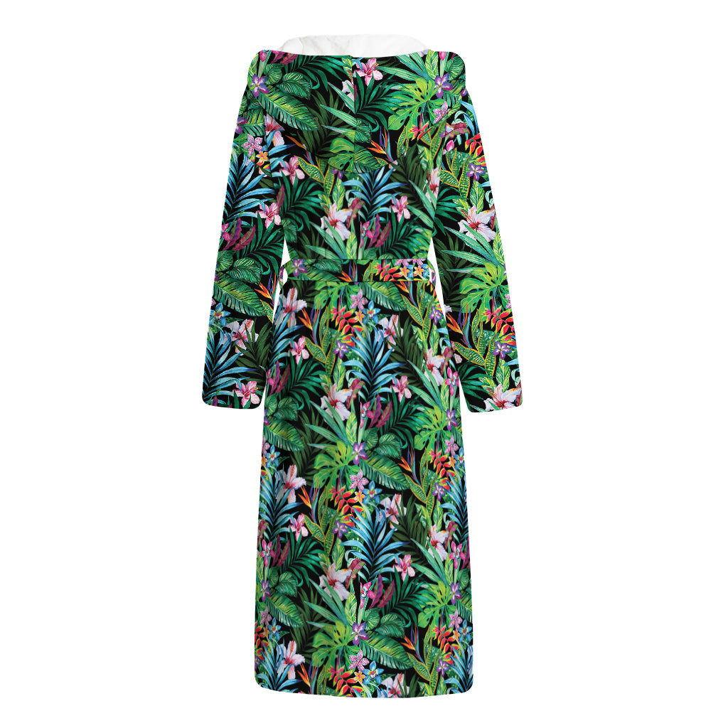 Tropical Palm And Hibiscus Print Hooded Bathrobe