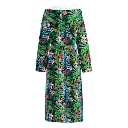 Tropical Palm And Hibiscus Print Hooded Bathrobe